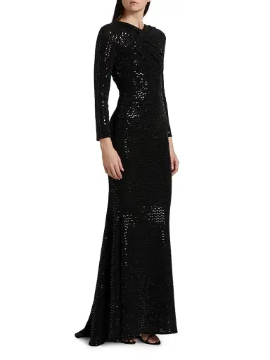 Talbot Runhof Women's Foil Jersey Long-Sleeve Gown - Black | Thumbnail 4 Talbot Runhof Women's Foil Jersey Long-Sleeve Gown - Black | Thumbnail 4