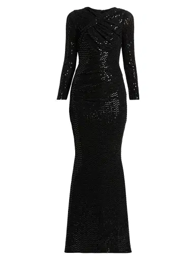Talbot Runhof Women's Foil Jersey Long-Sleeve Gown - Black | Thumbnail 1 Talbot Runhof Women's Foil Jersey Long-Sleeve Gown - Black | Thumbnail 1