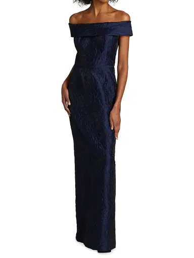 Teri Jon by Rickie Freeman Women's Jacquard Off-The-Shoulder Gown - Navy | Thumbnail 2 Teri Jon by Rickie Freeman Women's Jacquard Off-The-Shoulder Gown - Navy | Thumbnail 2