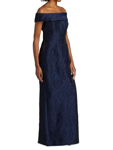Teri Jon by Rickie Freeman Women's Jacquard Off-The-Shoulder Gown - Navy | Thumbnail 3 Teri Jon by Rickie Freeman Women's Jacquard Off-The-Shoulder Gown - Navy | Thumbnail 3