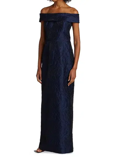 Teri Jon by Rickie Freeman Women's Jacquard Off-The-Shoulder Gown - Navy | Thumbnail 4 Teri Jon by Rickie Freeman Women's Jacquard Off-The-Shoulder Gown - Navy | Thumbnail 4