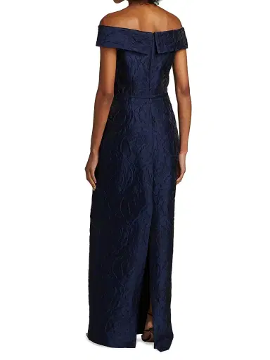Teri Jon by Rickie Freeman Women's Jacquard Off-The-Shoulder Gown - Navy | Thumbnail 5 Teri Jon by Rickie Freeman Women's Jacquard Off-The-Shoulder Gown - Navy | Thumbnail 5