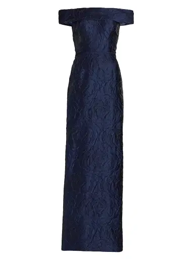 Teri Jon by Rickie Freeman Women's Jacquard Off-The-Shoulder Gown - Navy | Thumbnail 1 Teri Jon by Rickie Freeman Women's Jacquard Off-The-Shoulder Gown - Navy | Thumbnail 1
