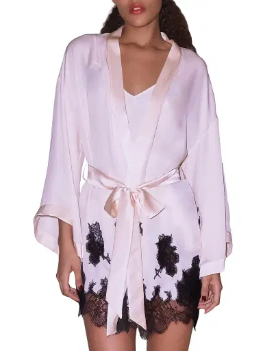 Fleur du Mal Women's Lace Appliqué Silk-Blend Robe - Cloud | Thumbnail 2 Fleur du Mal Women's Lace Appliqué Silk-Blend Robe - Cloud | Thumbnail 2