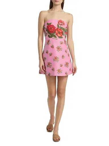 Aston Studio Women's Beatrix Floral Linen Strapless A-Line Minidress - Salmon Bouquet | Thumbnail 2 Aston Studio Women's Beatrix Floral Linen Strapless A-Line Minidress - Salmon Bouquet | Thumbnail 2