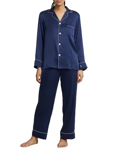 Polo Ralph Lauren Women's Heritage Silk Laurel 2-Piece Stretch Silk Pajama Set - Navy | Thumbnail 2 Polo Ralph Lauren Women's Heritage Silk Laurel 2-Piece Stretch Silk Pajama Set - Navy | Thumbnail 2