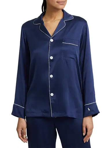 Polo Ralph Lauren Women's Heritage Silk Laurel 2-Piece Stretch Silk Pajama Set - Navy | Thumbnail 4 Polo Ralph Lauren Women's Heritage Silk Laurel 2-Piece Stretch Silk Pajama Set - Navy | Thumbnail 4