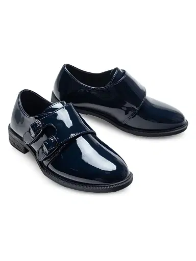 Moustache Faux Patent Leather Double Monk Strap Dress Shoes - Navy 5 (Child) | Thumbnail 2 Moustache Faux Patent Leather Double Monk Strap Dress Shoes - Navy 5 (Child) | Thumbnail 2