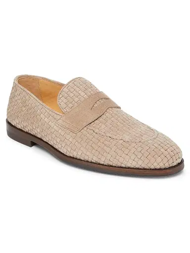 Brunello Cucinelli Men's Woven Suede Penny Loafers - Beige | Thumbnail 2 Brunello Cucinelli Men's Woven Suede Penny Loafers - Beige | Thumbnail 2