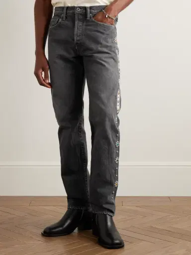 KAPITAL Monkey CISCO Straight-Leg Embellished Leather-Trimmed Jeans - Men | Thumbnail 3 KAPITAL Monkey CISCO Straight-Leg Embellished Leather-Trimmed Jeans - Men | Thumbnail 3