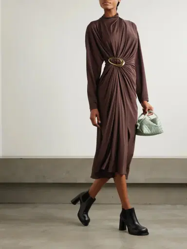 Bottega Veneta Gathered Embellished Crepe-jersey Midi Dress | Thumbnail 2 Bottega Veneta Gathered Embellished Crepe-jersey Midi Dress | Thumbnail 2