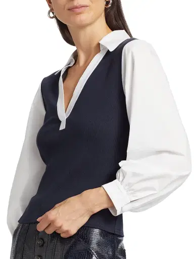 Cinq à Sept Women's Colleen Poplin-Sleeve Top - Navy White - Size XL | Thumbnail 6 Cinq à Sept Women's Colleen Poplin-Sleeve Top - Navy White - Size XL | Thumbnail 6