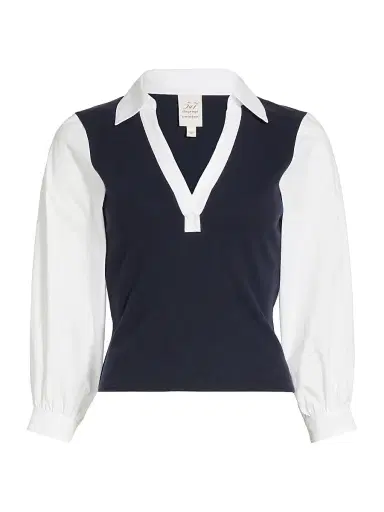 Cinq à Sept Women's Colleen Poplin-Sleeve Top - Navy White - Size XL | Thumbnail 1 Cinq à Sept Women's Colleen Poplin-Sleeve Top - Navy White - Size XL | Thumbnail 1
