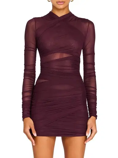 SEROYA Women's Moxey Ruched Mesh Mini Dress - Merlot | Thumbnail 2 SEROYA Women's Moxey Ruched Mesh Mini Dress - Merlot | Thumbnail 2