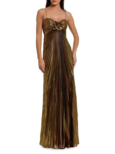 Mac Duggal Women's Floral Metallic Pleated Gown - Antique Gold - Size 14 | Thumbnail 1 Mac Duggal Women's Floral Metallic Pleated Gown - Antique Gold - Size 14 | Thumbnail 1