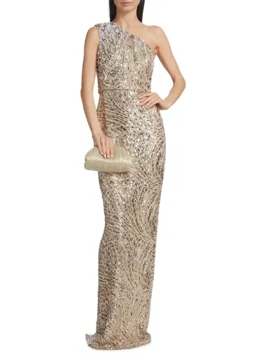 Pamella Roland Women's Sequined Swirl One-Shoulder Tulle Gown - Taupe Silver | Thumbnail 2 Pamella Roland Women's Sequined Swirl One-Shoulder Tulle Gown - Taupe Silver | Thumbnail 2
