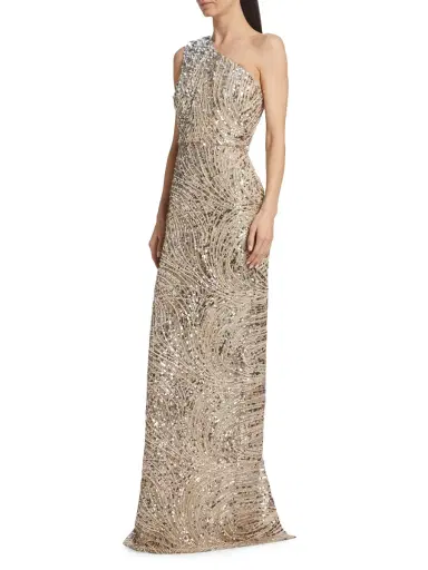 Pamella Roland Women's Sequined Swirl One-Shoulder Tulle Gown - Taupe Silver | Thumbnail 3 Pamella Roland Women's Sequined Swirl One-Shoulder Tulle Gown - Taupe Silver | Thumbnail 3