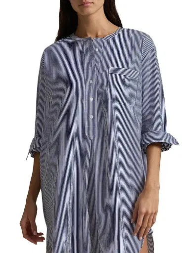 Polo Ralph Lauren Women's Striped Cotton Sleep Shirt - White Cloud Beacon Blue | Thumbnail 4 Polo Ralph Lauren Women's Striped Cotton Sleep Shirt - White Cloud Beacon Blue | Thumbnail 4