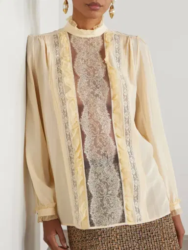 Valentino Garavani Ruffled Pintucked Lace-trimmed Silk Crepe De Chine Blouse | Thumbnail 3 Valentino Garavani Ruffled Pintucked Lace-trimmed Silk Crepe De Chine Blouse | Thumbnail 3