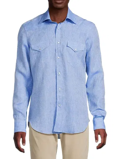 Sartorio Napoli Men's Western Linen Shirt - Blue | Thumbnail 3 Sartorio Napoli Men's Western Linen Shirt - Blue | Thumbnail 3