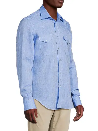 Sartorio Napoli Men's Western Linen Shirt - Blue | Thumbnail 4 Sartorio Napoli Men's Western Linen Shirt - Blue | Thumbnail 4