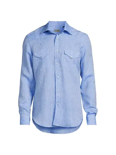 Sartorio Napoli Men's Western Linen Shirt - Blue | Thumbnail 1 Sartorio Napoli Men's Western Linen Shirt - Blue | Thumbnail 1