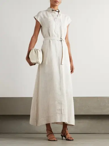 Brunello Cucinelli Belted Bead-embellished Linen Midi Dress | Thumbnail 2 Brunello Cucinelli Belted Bead-embellished Linen Midi Dress | Thumbnail 2