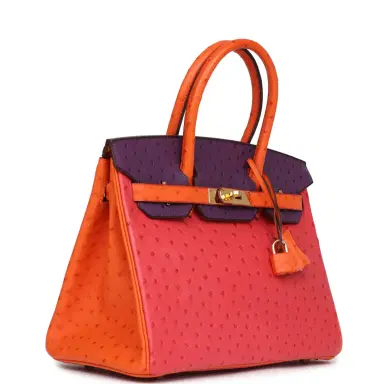 HERMÈS Pre-owned Hermes Special Order (HSS) Birkin 30 Tangerine, Violet and Bougainvillea Ostrich Gold Hardware | Thumbnail 2 HERMÈS Pre-owned Hermes Special Order (HSS) Birkin 30 Tangerine, Violet and Bougainvillea Ostrich Gold Hardware | Thumbnail 2