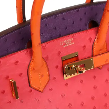 HERMÈS Pre-owned Hermes Special Order (HSS) Birkin 30 Tangerine, Violet and Bougainvillea Ostrich Gold Hardware | Thumbnail 7 HERMÈS Pre-owned Hermes Special Order (HSS) Birkin 30 Tangerine, Violet and Bougainvillea Ostrich Gold Hardware | Thumbnail 7