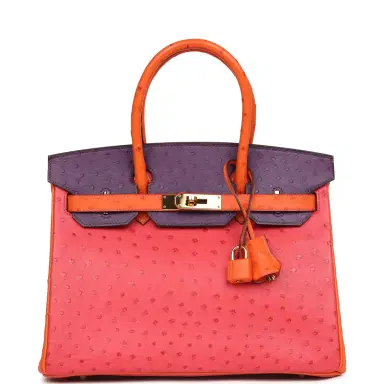 HERMÈS Pre-owned Hermes Special Order (HSS) Birkin 30 Tangerine, Violet and Bougainvillea Ostrich Gold Hardware | Thumbnail 1 HERMÈS Pre-owned Hermes Special Order (HSS) Birkin 30 Tangerine, Violet and Bougainvillea Ostrich Gold Hardware | Thumbnail 1