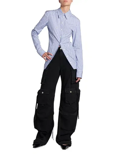 The Attico Women's Gathered Striped Cotton Shirt - White Navy Blue | Thumbnail 2 The Attico Women's Gathered Striped Cotton Shirt - White Navy Blue | Thumbnail 2