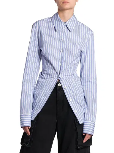 The Attico Women's Gathered Striped Cotton Shirt - White Navy Blue | Thumbnail 3 The Attico Women's Gathered Striped Cotton Shirt - White Navy Blue | Thumbnail 3