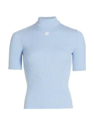 Courrèges Women's Reedition Rib-Knit Blouse - Sky | Thumbnail 1 Courrèges Women's Reedition Rib-Knit Blouse - Sky | Thumbnail 1