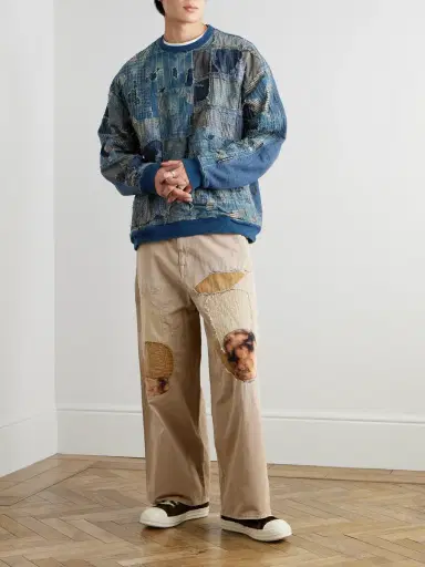 KAPITAL Katsuragi Port Straight-Leg Patchwork Distressed Cotton-Twill Trousers - Men | Thumbnail 2 KAPITAL Katsuragi Port Straight-Leg Patchwork Distressed Cotton-Twill Trousers - Men | Thumbnail 2
