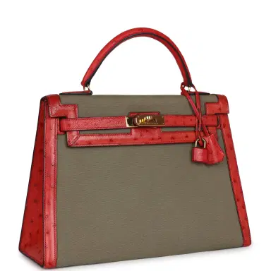 HERMÈS Vintage Hermes Kelly Sellier 32 Rouge Vif Ostrich/Vert Olive Officier Canvas Gold Hardware | Thumbnail 2 HERMÈS Vintage Hermes Kelly Sellier 32 Rouge Vif Ostrich/Vert Olive Officier Canvas Gold Hardware | Thumbnail 2