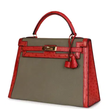 HERMÈS Vintage Hermes Kelly Sellier 32 Rouge Vif Ostrich/Vert Olive Officier Canvas Gold Hardware | Thumbnail 3 HERMÈS Vintage Hermes Kelly Sellier 32 Rouge Vif Ostrich/Vert Olive Officier Canvas Gold Hardware | Thumbnail 3