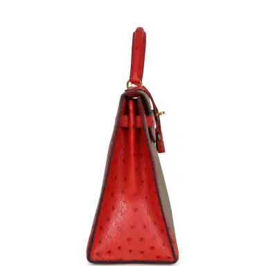 HERMÈS Vintage Hermes Kelly Sellier 32 Rouge Vif Ostrich/Vert Olive Officier Canvas Gold Hardware | Thumbnail 4 HERMÈS Vintage Hermes Kelly Sellier 32 Rouge Vif Ostrich/Vert Olive Officier Canvas Gold Hardware | Thumbnail 4