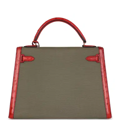 HERMÈS Vintage Hermes Kelly Sellier 32 Rouge Vif Ostrich/Vert Olive Officier Canvas Gold Hardware | Thumbnail 5 HERMÈS Vintage Hermes Kelly Sellier 32 Rouge Vif Ostrich/Vert Olive Officier Canvas Gold Hardware | Thumbnail 5