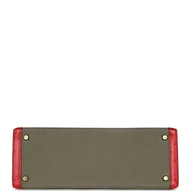 HERMÈS Vintage Hermes Kelly Sellier 32 Rouge Vif Ostrich/Vert Olive Officier Canvas Gold Hardware | Thumbnail 6 HERMÈS Vintage Hermes Kelly Sellier 32 Rouge Vif Ostrich/Vert Olive Officier Canvas Gold Hardware | Thumbnail 6
