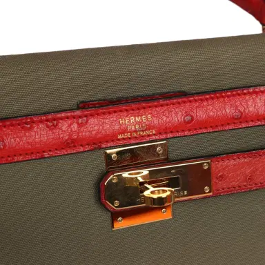 HERMÈS Vintage Hermes Kelly Sellier 32 Rouge Vif Ostrich/Vert Olive Officier Canvas Gold Hardware | Thumbnail 7 HERMÈS Vintage Hermes Kelly Sellier 32 Rouge Vif Ostrich/Vert Olive Officier Canvas Gold Hardware | Thumbnail 7
