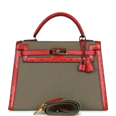 HERMÈS Vintage Hermes Kelly Sellier 32 Rouge Vif Ostrich/Vert Olive Officier Canvas Gold Hardware | Thumbnail 1 HERMÈS Vintage Hermes Kelly Sellier 32 Rouge Vif Ostrich/Vert Olive Officier Canvas Gold Hardware | Thumbnail 1