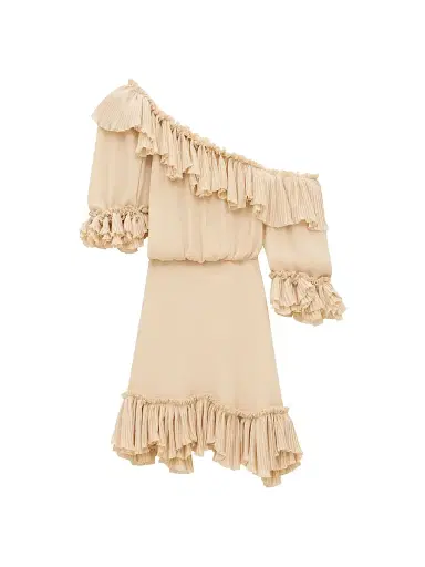 Saint Laurent Women's Ruffled Dress in Silk Crepon Muslin - Beige | Thumbnail 2 Saint Laurent Women's Ruffled Dress in Silk Crepon Muslin - Beige | Thumbnail 2