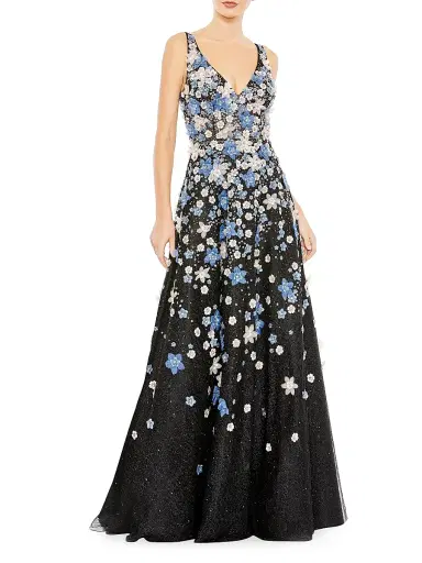Mac Duggal Women's Floral Appliqué V-Neck A-Line Gown - Black Multi | Thumbnail 2 Mac Duggal Women's Floral Appliqué V-Neck A-Line Gown - Black Multi | Thumbnail 2