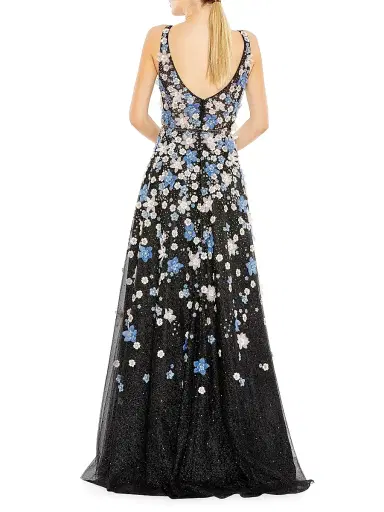 Mac Duggal Women's Floral Appliqué V-Neck A-Line Gown - Black Multi | Thumbnail 3 Mac Duggal Women's Floral Appliqué V-Neck A-Line Gown - Black Multi | Thumbnail 3