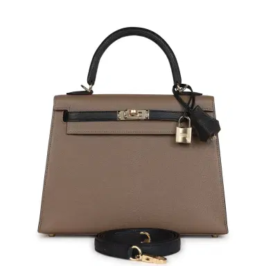 HERMÈS Hermes Special Order (HSS) Kelly Sellier 25 Black and Etoupe Chevre Mysore Permabrass Hardware | Thumbnail 1 HERMÈS Hermes Special Order (HSS) Kelly Sellier 25 Black and Etoupe Chevre Mysore Permabrass Hardware | Thumbnail 1