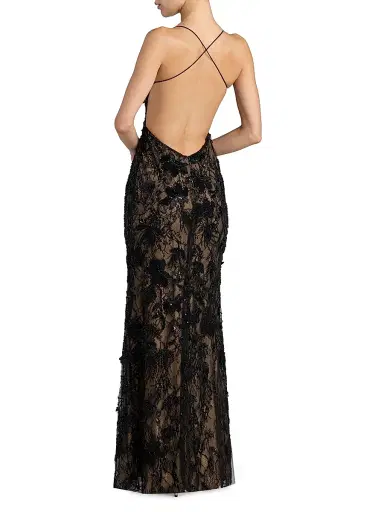 Mac Duggal Women's Floral Lace Open-Back Gown - Black Beige - Size 12 | Thumbnail 2 Mac Duggal Women's Floral Lace Open-Back Gown - Black Beige - Size 12 | Thumbnail 2