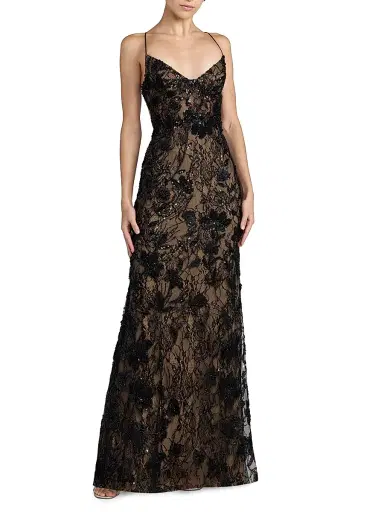 Mac Duggal Women's Floral Lace Open-Back Gown - Black Beige - Size 12 | Thumbnail 1 Mac Duggal Women's Floral Lace Open-Back Gown - Black Beige - Size 12 | Thumbnail 1