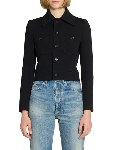 Saint Laurent Women's Cropped Jacket in Wool-Blend Jersey - Noir | Thumbnail 4 Saint Laurent Women's Cropped Jacket in Wool-Blend Jersey - Noir | Thumbnail 4