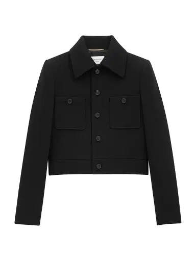 Saint Laurent Women's Cropped Jacket in Wool-Blend Jersey - Noir | Thumbnail 1 Saint Laurent Women's Cropped Jacket in Wool-Blend Jersey - Noir | Thumbnail 1