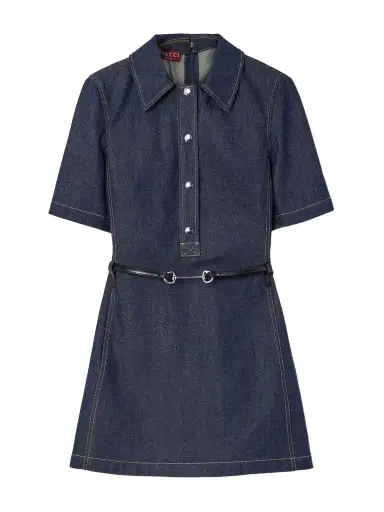 Gucci Belted Leather-trimmed Denim Mini Dress | Thumbnail 1 Gucci Belted Leather-trimmed Denim Mini Dress | Thumbnail 1